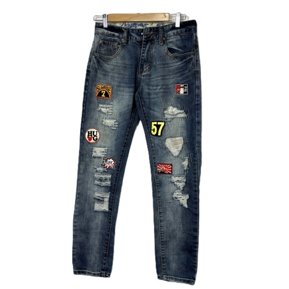 SOSOO Distressed Jeans with Patches - Picture 1 of 14